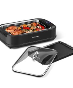 Indoor Grill, Techwood 1500W Smokeless Electric Grill with 2 in1 Nonstick Grill/Griddle Plates, Portable Korean BBQ Grill with 6-Level Control, Glass Lid, Dishwasher Safe, Double Plates, Black