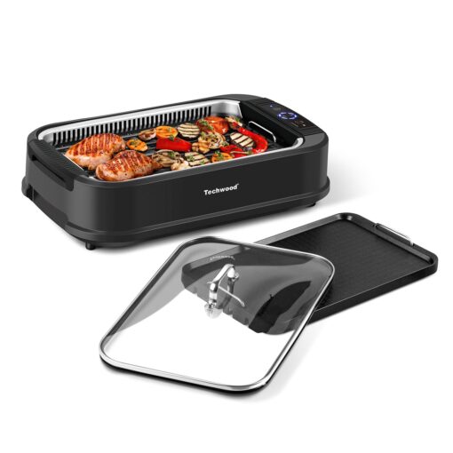 Indoor Grill, Techwood 1500W Smokeless Electric Grill with 2 in1 Nonstick Grill/Griddle Plates, Portable Korean BBQ Grill with 6-Level Control, Glass Lid, Dishwasher Safe, Double Plates, Black