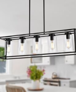 VINLUZ Farmhouse Chandeliers Rectangle Black 5 Light Dining Room Lighting Fixtures Hanging, Kitchen Island Cage Pendant Lights Contemporary Modern Ceiling Light with Glass Shade Adjustable Rods