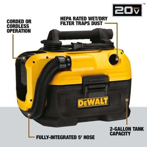 DEWALT 20V MAX Wet/Dry Vacuum, Cordless and Corded, Versatile Power Source, Portable Shop Vacuum, Tool Only (DCV581H) - Image 7