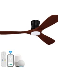 52” Smart Low Profile Ceiling Fans with Lights Remote,3 Wood blade,Quiet DC Motor,Outdoor Indoor Flush Mount Ceiling Fan,Voice Control via WIFI Alexa App,Modern Lighting& Ceiling fan for Bedroom Patio