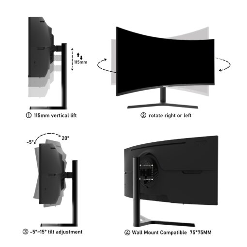 Gawfolk 34 Inch Ultrawide Curved 180Hz Gaming Computer Monitor 1000R PC screen 21:9 UWQHD (3440x1440) ,1ms,100%sRGB,Adaptive Sync,Display Port、HDMI,Liftable Stand,Wall Mount Compatible 75*75mm-Black - Image 5