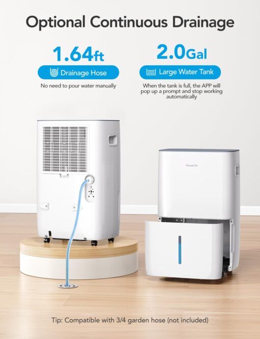 GoveeLife Dehumidifier for Home 4,500 Sq.Ft, 50 to 109 Pint Smart Auto Humidity Control, Drain Hose, 2.0Gal Bucket, Energy Star Most Efficient Compressor Dehumidifiers for Basement, Bathroom, Bedroom - Image 4