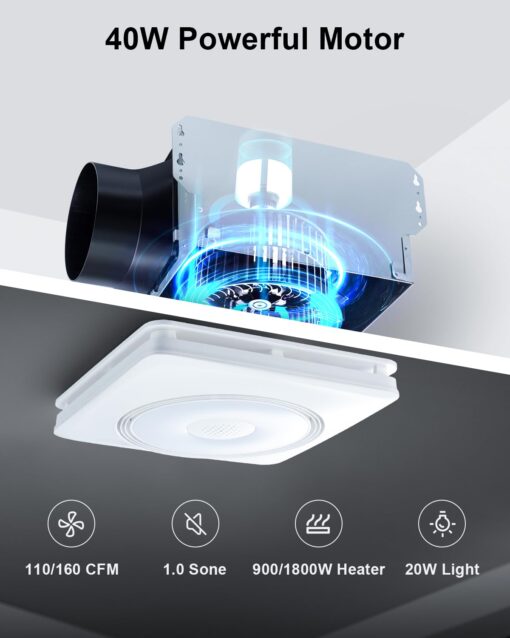 GROWNEER Bathroom Fan with Bluetooth Speaker, 110/160 CFM 1.0 Sone Bathroom Exhaust Fan with Heater, Exhaust Fan with Light & Remote, 9 RGB Modes, 1500lm 3 Color Temperature & Nightlight, EZ Install - Image 2