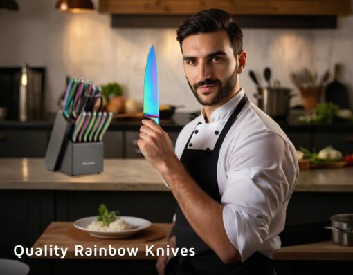 WELLSTAR Rainbow Knife Set 14 Pieces, Iridescent German Stainless Steel Kitchen Knives Set with Wooden Block, Colorful Titanium Coating, Chef’s Knife Block Set with Scissors and Built-in Sharpener - Image 2