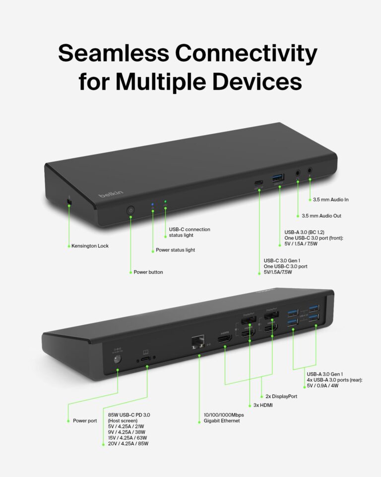 Belkin 15-in-1 Universal Triple Display DisplayLink Docking Station Hub w/ 3 HDMI Ports, 2 DisplayPorts for Triple 4K Display w/ 85W PD, Gigabit Ethernet, 3.5mm Mic/Speaker, 1 USB-C, & 5 USB-A Ports - Image 4
