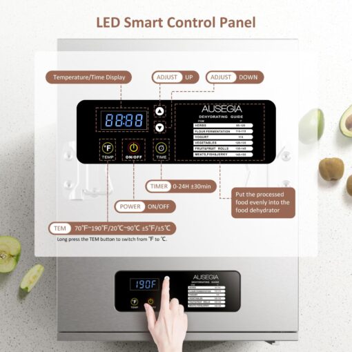 Ausegia Commercial Large 12 Trays Food Dehydrator, Usable Area up to 22.67ft², 1200W Full Stainless Steel Dryer Machine, up to 190℉ Temperature, for Meat, Fruit, Veggies, Beef, Herbs, Pet Foods - Image 3