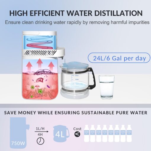 Smart Water Distiller for Home - 1.1 Gal Countertop Distilled Water Maker Machine with Real-time Monitoring for Distilling, 750W Home Distiller Maker Purifier with 4L Glass Container for Table Office - Image 8
