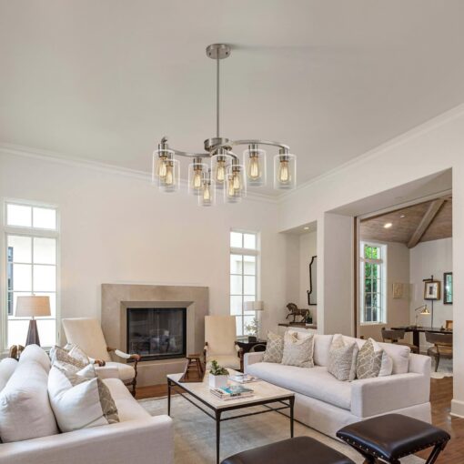 CNRATYE 9-Light Brushed Nickel Glass Chandelier, Adjustable Height Hanging Industrial Dining Room Chandelier Over Table, Modern Farmhouse Chandelier for Kitchen Island Living Room Entryway Bedroom - Image 5