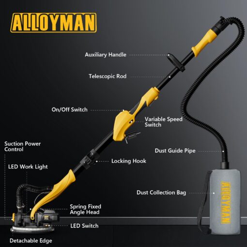 Drywall Sander, 1050W Electric Drywall Sander with Vacuum Dust Collection, 2100RPM Wall Sander with 7 Variable Speed, Foldable & Extendable Handle, Double-Deck LED Light, Dust Bag and Hose - Image 6