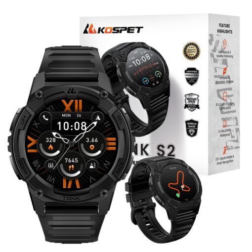 KOSPET Tank S2 Smart Watch for Men Women GPS, 5ATM Waterproof, Pressure/Altitude/Compass, 1.32" AMOLED Display Fitness Tracker(Answer/Make Call), AI Voice Assistant, 24H Sleep/Hear Rate Monitor
