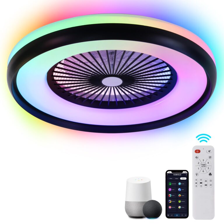 HUMHOLD 24" Bladeless Ceiling Fan with RGB Light Remote, Smart LED Ceiling Fans with Voice/App Control, Modern Low Profile Dimmable Light Ceiling Fan for Bedroom Living Room Black
