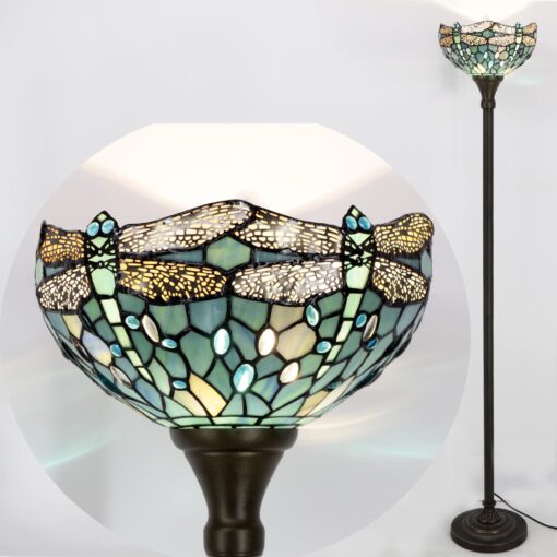 WERFACTORY Tiffany Floor Lamp Sea Blue Stained Glass Dragonfly Light 12X12X66 Inches Pole Torchiere Standing Corner Torch Uplight Decor Bedroom Living Room Home Office S147 Series - Image 3
