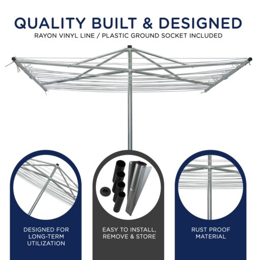 Strata 184 FT Umbrella Clothesline Outdoor - Clothes Line Outdoors Heavy Duty Parallel Silver Aluminum Frame with Ground Spike & Socket - Clotheslines for Outside Laundry Drying, Washing Line - Image 3