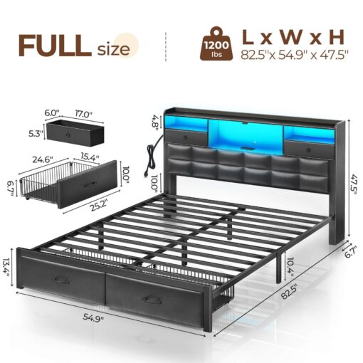 Rolanstar Bed Frame Full Size with Drawers and Charging Station, Upholstered Platform Bed with Storage Headboard and LED Light, Heavy Duty Metal Frame Support, No Box Spring Needed, Noise Free, Black - Image 6