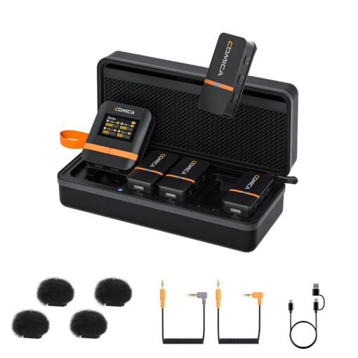 COMICA Vimo Q 4 Channel Wireless Lavalier Microphone System with Noise Cancellation, 4 Audio Tracks Output, 656ft Range, Wireless Mic for iPhone, DSLR Camera, Android, Video Recording Livestream