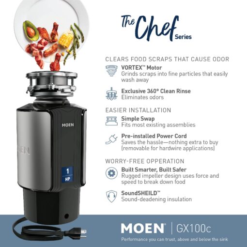Moen GX100C Chef Series 1 HP Continuous Feed Garbage Disposal with Sound Reduction, Disposer Power Cord Included - Image 9