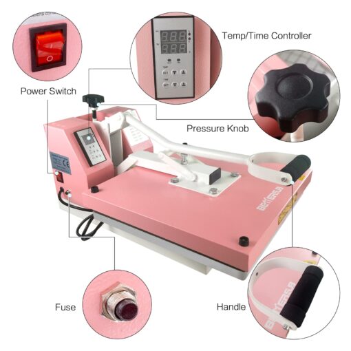 BetterSub Print T-Shirt Machine DIY Digital Industrial Quality Heat Press Machine Clamshell Transfer Sublimation Print Press Machine 15‘’x 15'' Pink - Image 5
