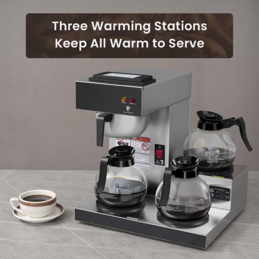 SYBO 12-Cup Commercial Coffee Maker, Pour Over Drip Coffee Maker Brewer with 3 Lower Warmers and 3 Glass Decanters, Stainless Steel Cafetera - Image 4