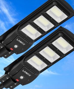 LANGY Solar Street Light Outdoor, Upgraded Solar Parking Lot Lights Dusk to Dawn, IP67 Waterproof 6500K 18000LM, Solar Street Light Motion Sensor with Remote Control for Commercial, Yard (2Pack)