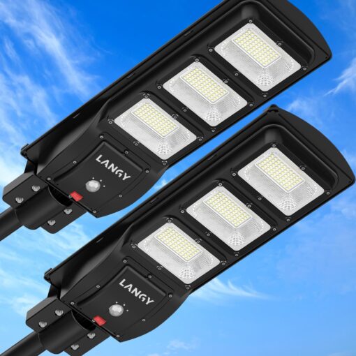 LANGY Solar Street Light Outdoor, Upgraded Solar Parking Lot Lights Dusk to Dawn, IP67 Waterproof 6500K 18000LM, Solar Street Light Motion Sensor with Remote Control for Commercial, Yard (2Pack)