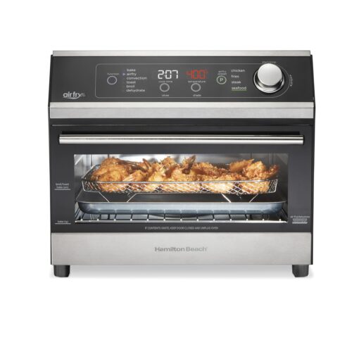 Hamilton Beach Digital Air Fryer Toaster Oven Combo, 10 Ways to Cook, 4 Preset Functions, Stay On & 1800 Watts, LED Capacitive-Touch Controls, 2 Rack Positions, Fits 12” Pizza, Black & Stainless Steel