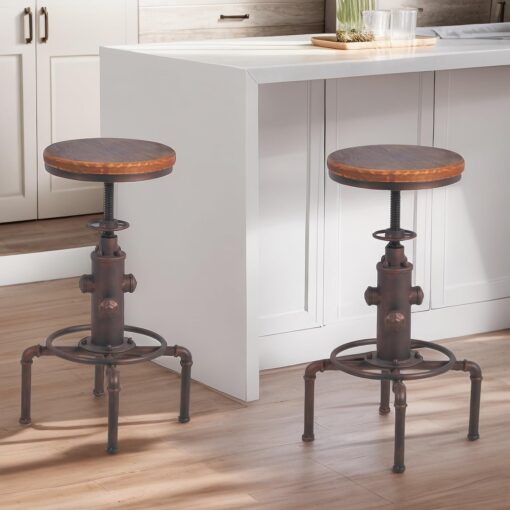 Topower Antique Vintage Industrial Barstool Solid Wood Water Pipe Fire Hydrant Design Cafe Coffee Industrial Bar Stool Set of 2 Red Bronze - Image 4