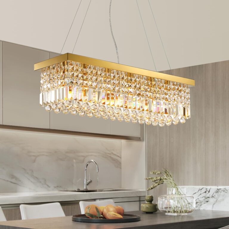 Siljoy 6-Light Modern Crystal Chandelier Rectangular Gold K9 Crystal Raindrop Chandelier for Dining Room, Luxury Adjustable Ceiling Pendant Light for Living Room Kitchen Island L31.5'' x W10'' x H10''