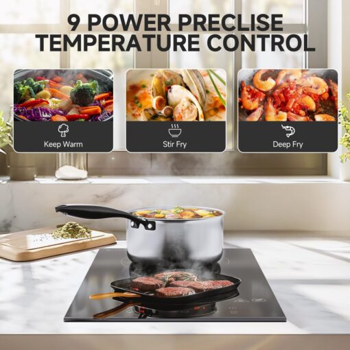 AMZCHEF Induction Cooktop 2 Burners, 12 Inch Bulit-in & Countertop Induction Stove with Plug 110V-120V, 9 Power Levels Electric Stove 1800W, Child Lock, Timer, Touch Control for Fast Cooking - Image 8