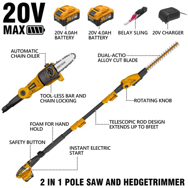 Alloyman Pole Saw 8-Inch Cordless and 16-Inch Pole Hedge Trimmer 2-in-1,with 2 Packs 4.0Ah Batteries & Charger,for Tree Trimming and Shrubs Pruning - Image 7