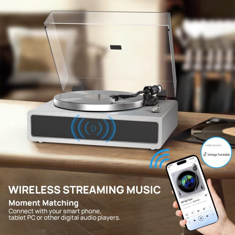 Turntable Record Player with Built-in Speakers, Vinyl Record Player Support Bluetooth Playback Auto Stop 33&45 RPM Speed RCA Line Out AUX in All-in-one Belt-Drive Turntable for Vinyl Records Grey - Image 6