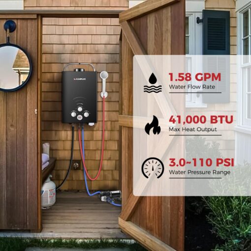CAMPLUX Portable Water Heater,1.58 GPM Propane Water Heater Outdoor,41,000 BTU Camping Water Heater with 1.6 GPM Water Pump Pack，BW158GP60, Black - Image 7