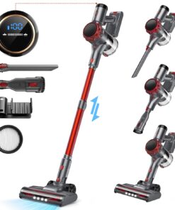 UML0 S3 Cordless Vacuum Cleaner, 45kPa Powerful Stick Vacuum, LED Display, 55-Min Runtime Rechargeable Cordless Vacuum, Free-Standing, Vacuum Cleaners for Home Pet Hair Carpet Hard Floor (Red)