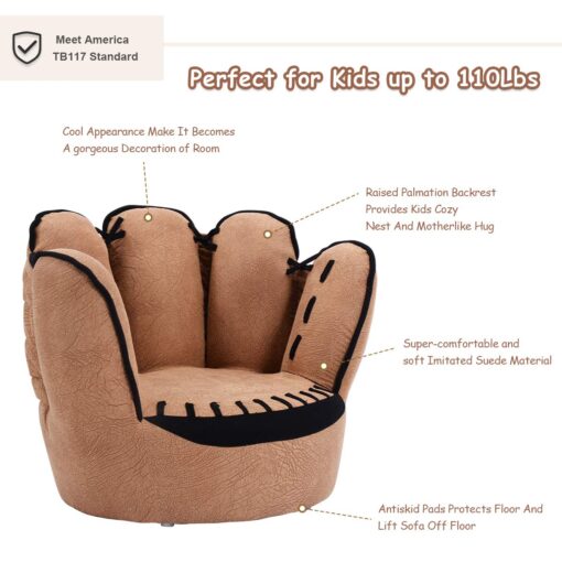 Costzon Kids Couch with Solid Wood Frame & Baseball Glove Design, Children Armchair for Play Room, Nursery, Kindergarten, Kids Room, Gift for Boys & Girls (Brown) - Image 6
