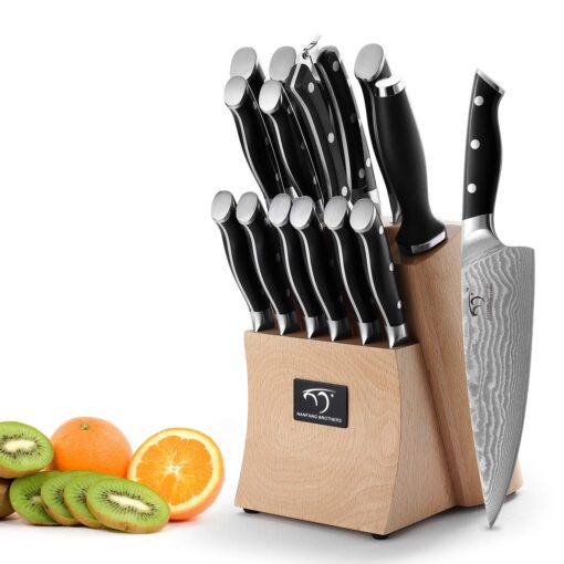 Damascus Kitchen Knife Set, 15-Piece Kitchen Knife Set with Block, ABS Ergonomic Handle for Chef Knife Set and Serrated Steak Knives Knife Sharpener and Kitchen Shears, Beechwood Block - Image 4