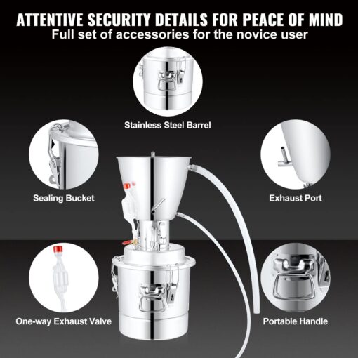 VEVOR Alcohol Still, 18 Gal/70L Alcohol Distiller, Distillery Kit for Alcohol with 304 Stainless Steel Tube & Circulating Pump & Build-in Thermometer & Exhaust Port for DIY Whisky Wine Brandy - Image 5