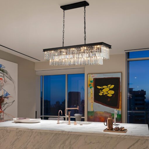 Weesalife Crystal Chandeliers for Dining Room Light Fixtures Over Table，15-Lights Black Modern Rectangle Chandeliers for Kitchen Island Bar L40 Inch - Image 8