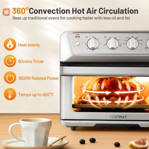 COSTWAY Air Fryer Toaster Oven, 7-in-1 Convection Countertop Oven w/Auto-Shut-Off, Timer, Accessories, Cookbook, 1800W, 21.5 QT Air Fryer Toaster Oven Combo, Bake, Broil, Toast, Stainless Steel - Image 7