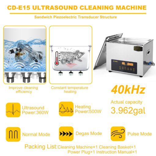 EIWEI 15L Ultrasonic Cleaner Dual-Frequency Professional Digital Stainless Steel Cleaning Machine with Heater Timer for Carburetor, Parts, Circuit Board, Glasses, Denture, Jewelry - Image 6