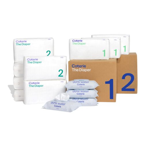 Coterie Baby Wipes + Diapers Kit, Size 1 (99 Count) & Size 2 Diapers (186 Count), 4 Pack (224) Baby Wipes with 99% Water, Plant Based Materials, Hypoallergenic for Sensitive Skin