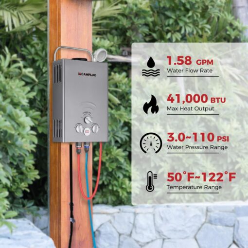 CAMPLUX Portable Water Heater 1.58 GPM, BW158G Propane Water Heater Outdoor, 41,000 BTU, Camping Shower, Easy to Install, Gray - Image 5