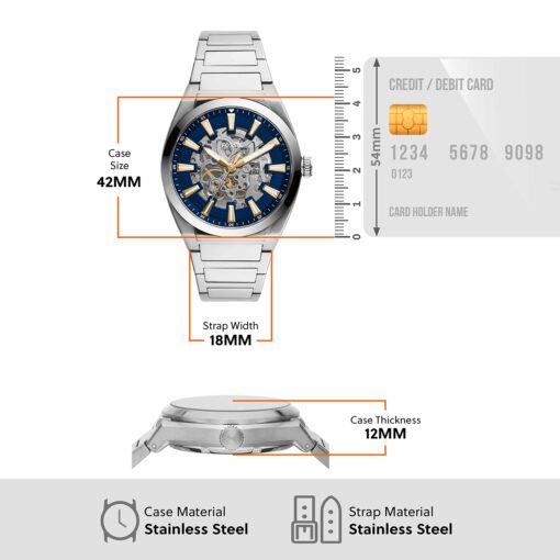 Fossil Men's Everett Automatic Stainless Steel Three-Hand Watch, Color: Silver (Model: ME3220) - Image 2