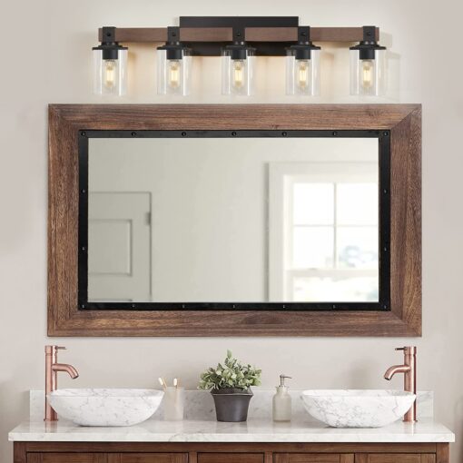 DUJAHMLAND 5-Light Farmhouse Vanity Lights,Wood Bathroom Wall Lighting with Clear Glass, Industrial Metal Wall Sconce for Bedroom, Kitchen, Hallway (Wood, 5-Light) - Image 9