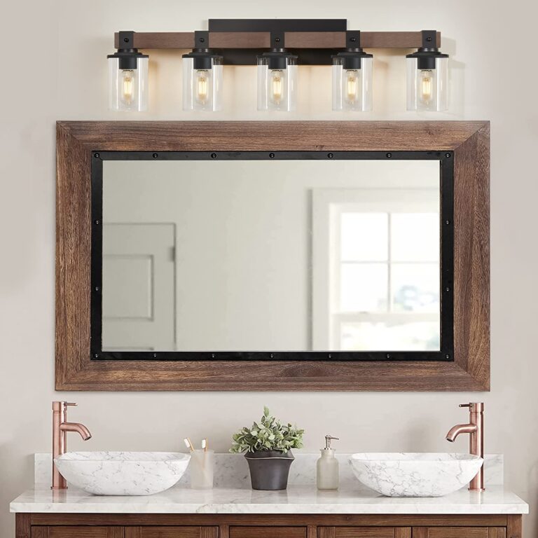 DUJAHMLAND 5-Light Farmhouse Vanity Lights,Wood Bathroom Wall Lighting with Clear Glass, Industrial Metal Wall Sconce for Bedroom, Kitchen, Hallway (Wood, 5-Light) - Image 9