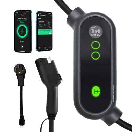 CHARGEWARE Level 2 Smart EV Charger with App Control, Up to 9.6kW, ETL/FCC/Energy Star Certified, 24ft Cable, Wall Mount and Portable Options, 14-50R to 5-15P Adapter, LCD Display, Dark Gray