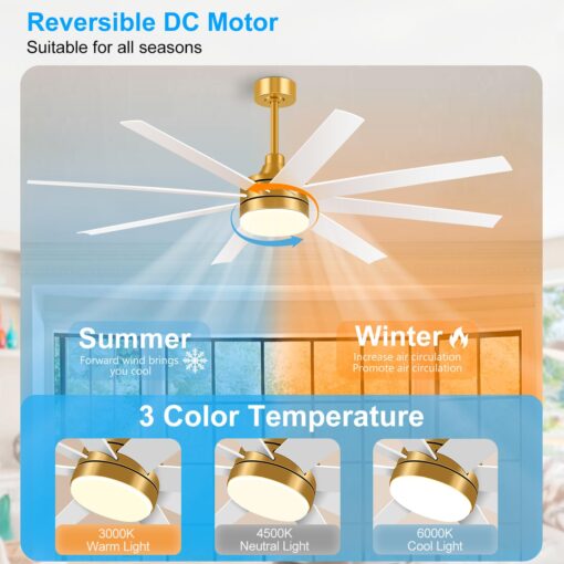 Breezary 65 Inch Ceiling Fan with Light and Remote, 8-Blade, Reversible DC Motor, 6-Speed, Timer, Industrial Ceiling Fans with Led Light Chandelier for Bedroom Office (Gold & White) - Image 9