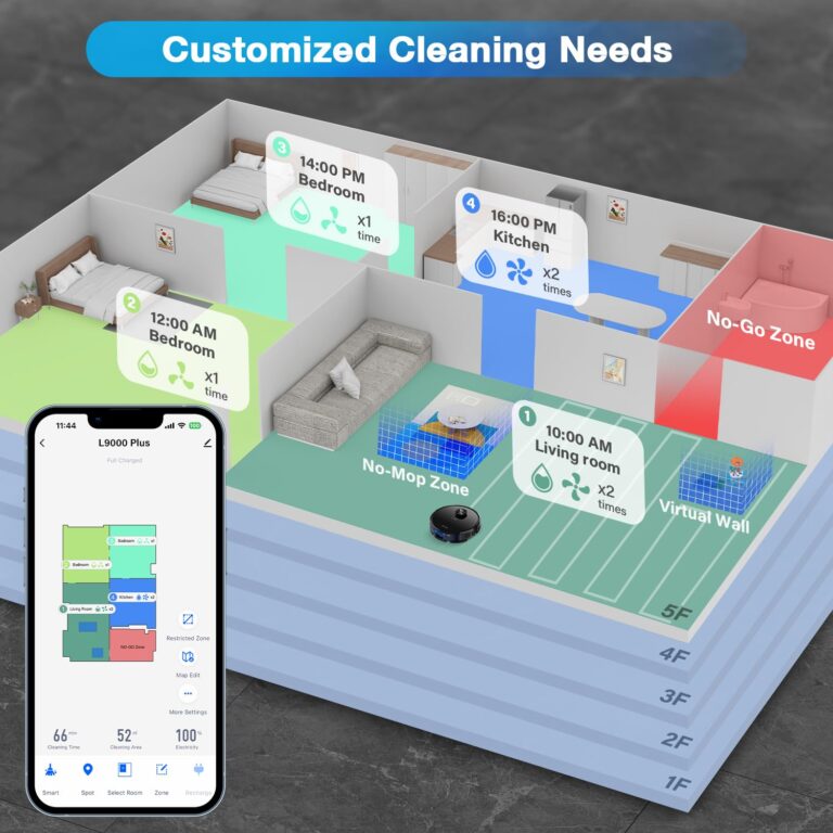 Tikom Robot Vacuum and Mop Combo L9000 Plus, Self-Emptying, 60-Day Capacity, LiDAR Navigation, Home Mapping, 4000Pa,150Min Max, Schedule, Wi-Fi/App, Robotic Vacuum Cleaner for Pet, Hard Floors, Carpet - Image 7