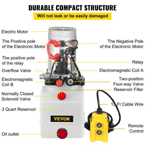Vevor Hydraulic Pump 3 Quart Hydraulic Power Unit Double Acting Hydraulic Pump for Dump Trailer Car Lifting 12V DC Plastic Oil Reservoir (Plastic, Double Acting) : Industrial & Scientific - Image 6