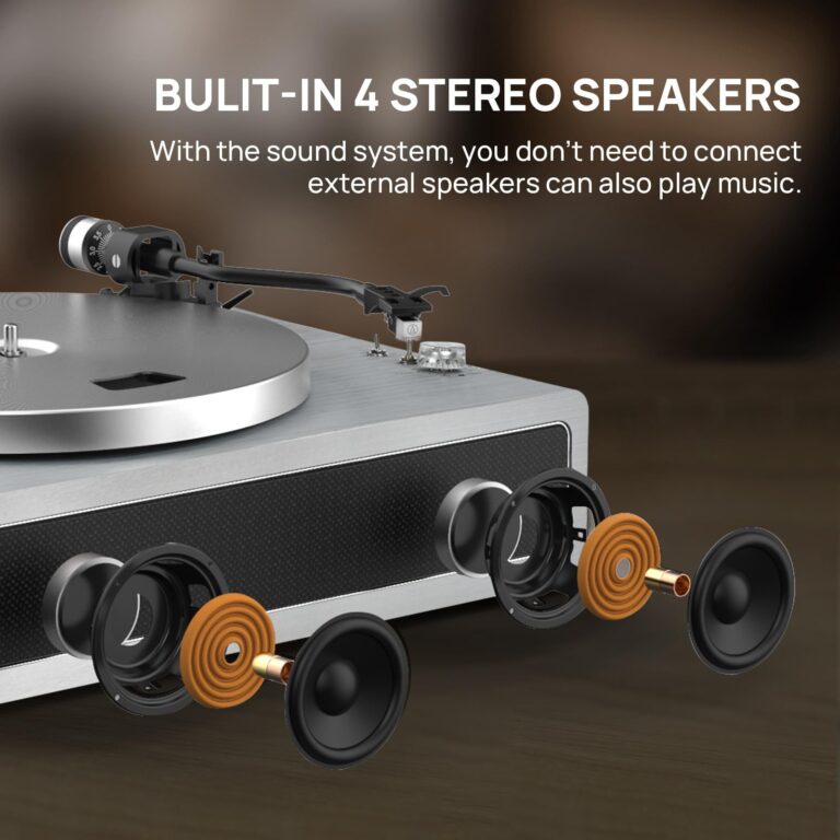 Turntable Record Player with Built-in Speakers, Vinyl Record Player Support Bluetooth Playback Auto Stop 33&45 RPM Speed RCA Line Out AUX in All-in-one Belt-Drive Turntable for Vinyl Records Grey - Image 8