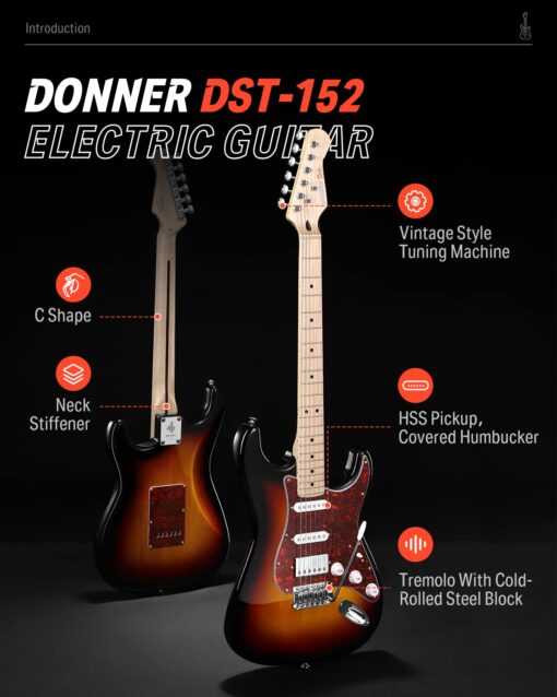 Donner Electric Guitar, DST-152S 39" Electric Guitar Kit HSS Pickup Coil Split, Guitar Starter Pack for Adult Beginners with Amp, Bag, Accessories, Sunburst - Image 7